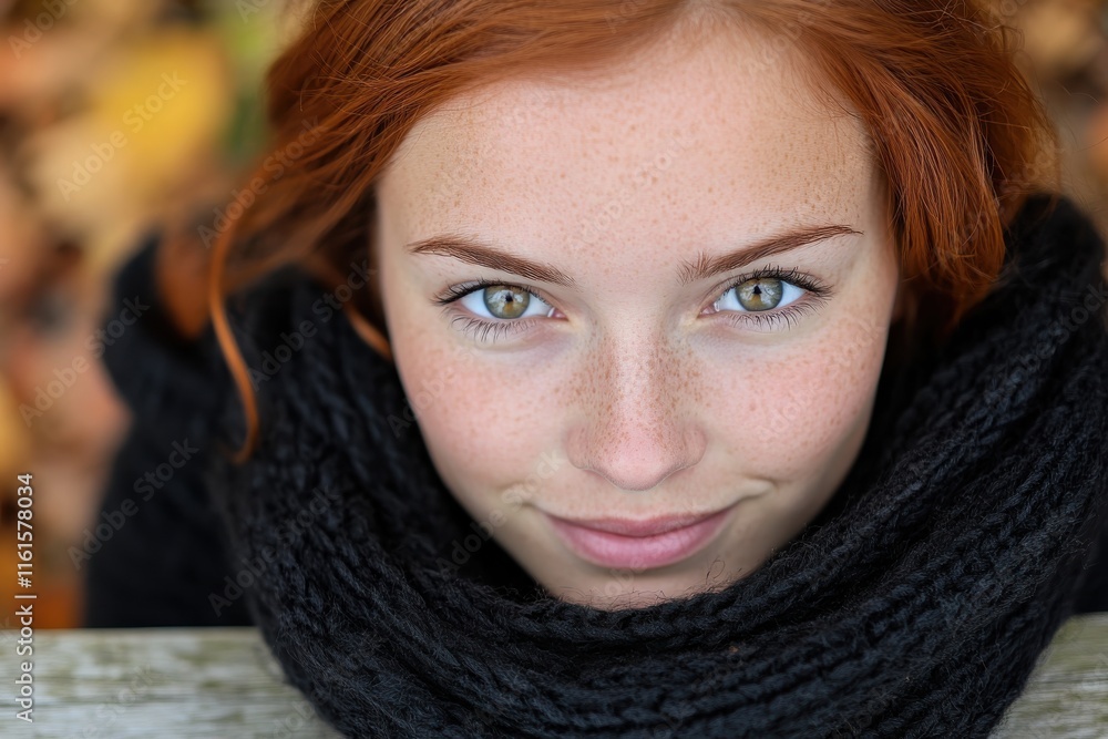 A lovely top-down view of a redhead girl wrapped in a cozy scarf, surrounded by golden autumn leaves, smiling gently at the camera with her warm eyes shining brightly. A lovely top-down view of a redhead girl wrapped in a cozy scarf, surrounded by golden autumn leaves, smiling gently at the camera with her warm eyes shining brightly.