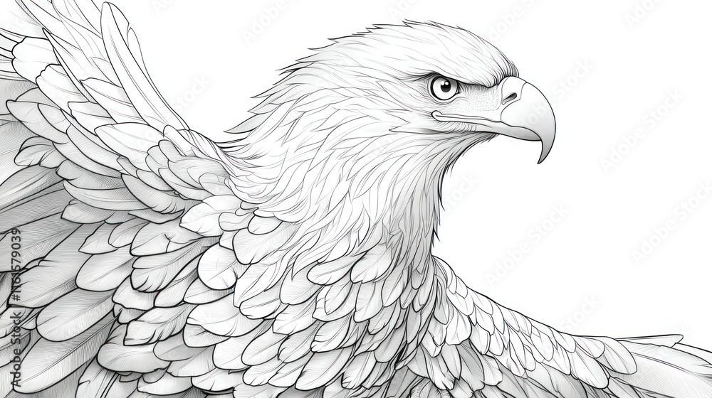 Fototapeta premium Detailed pencil sketch of a majestic eagle's head and wings.