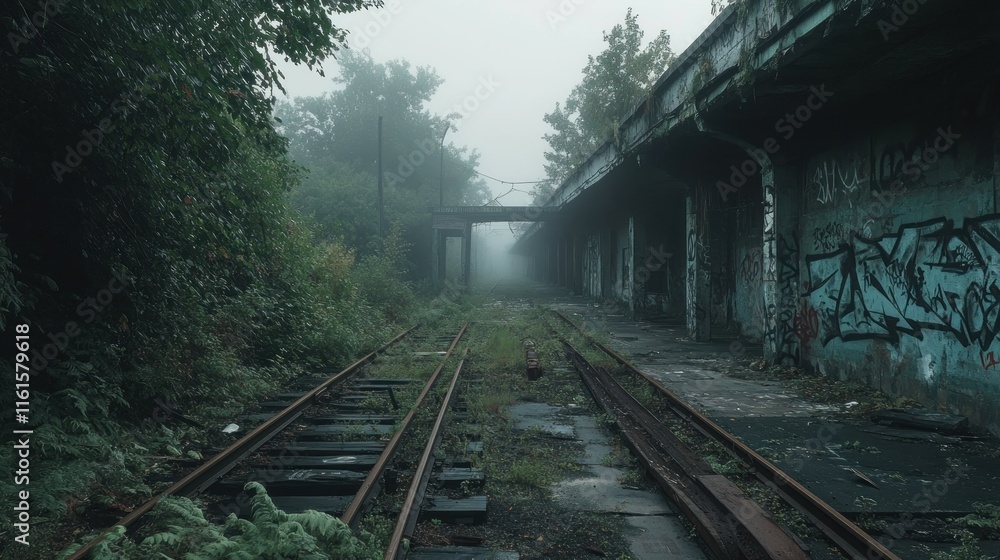 Fototapeta premium Foggy, overgrown abandoned train tracks.