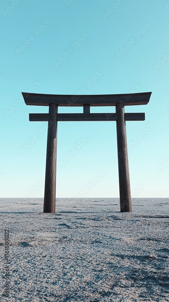 Traditional Japanese torii gate on a sandy beach. Traditional Japanese torii gate on a sandy beach.