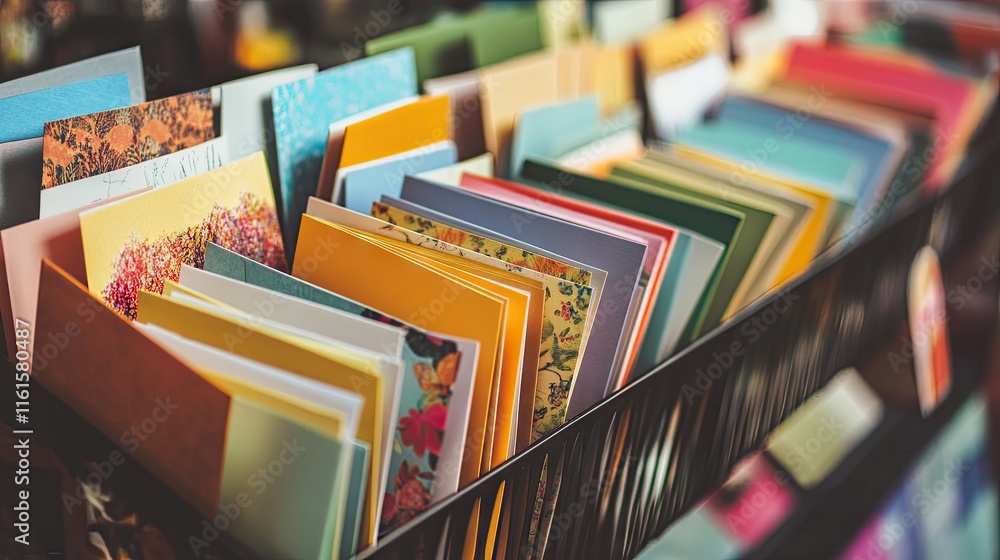 Colorful Display of Greeting Cards in a Modern Shop Setting Colorful Display of Greeting Cards in a Modern Shop Setting