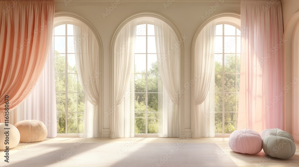 Fototapeta premium Sunlit room with arched windows, pastel curtains, and floor pillows.