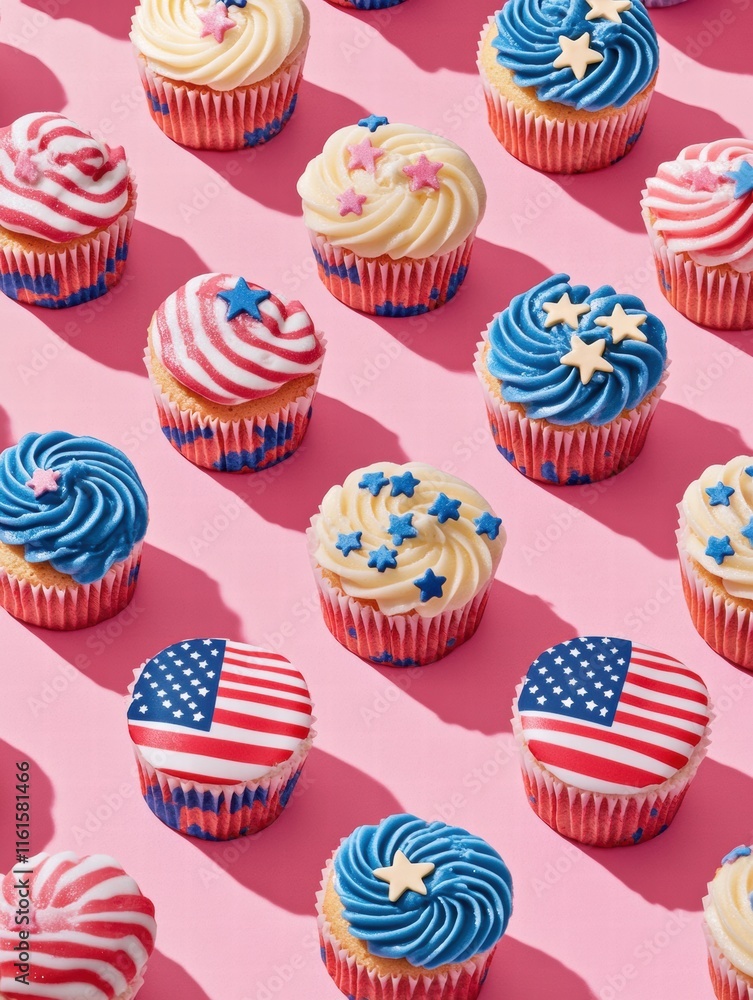 Festive cupcakes featuring American flags on a vibrant pink backdrop for celebration. Generative AI Festive cupcakes featuring American flags on a vibrant pink backdrop for celebration. Generative AI