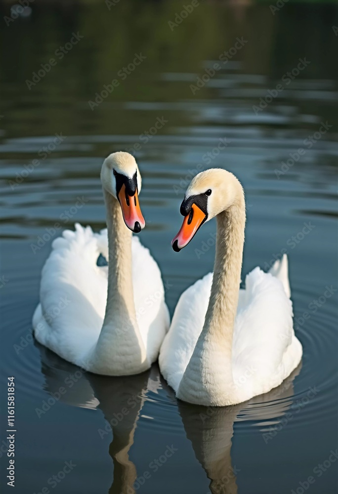 Naklejka premium Two beautiful swans swim together in tranquil water, reflecting their graceful forms as morning light. Swans Cygnus are a genus of birds from order Anseriformes of the duck family. Generative AI