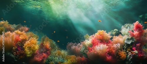 Vibrant coral reef underwater scene with sunbeams. photo