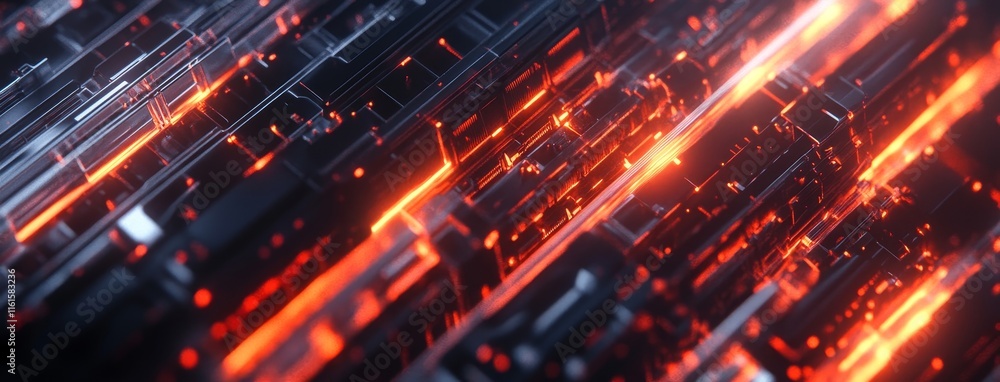 Fototapeta premium A close examination of a data center server where glowing data cables are conveying information
