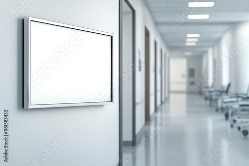 Promotion poster mock-up visible on the vibrant, blurred facade of a medical clinic, set against a defocused hospital interior. Featured is a blank A4 white paper in an abstract, blurred luxury photo