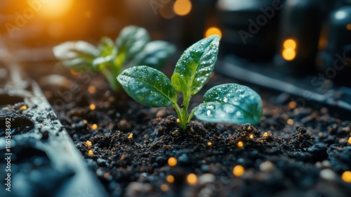 Close-up of two small green seedlings sprouting from rich dark soil in a seed tray. photo