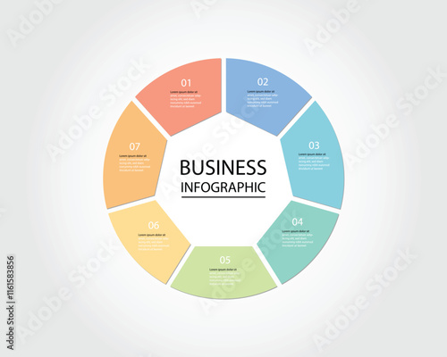 Business design template for an infographic banner featuring circular diagrams with heptagon shape