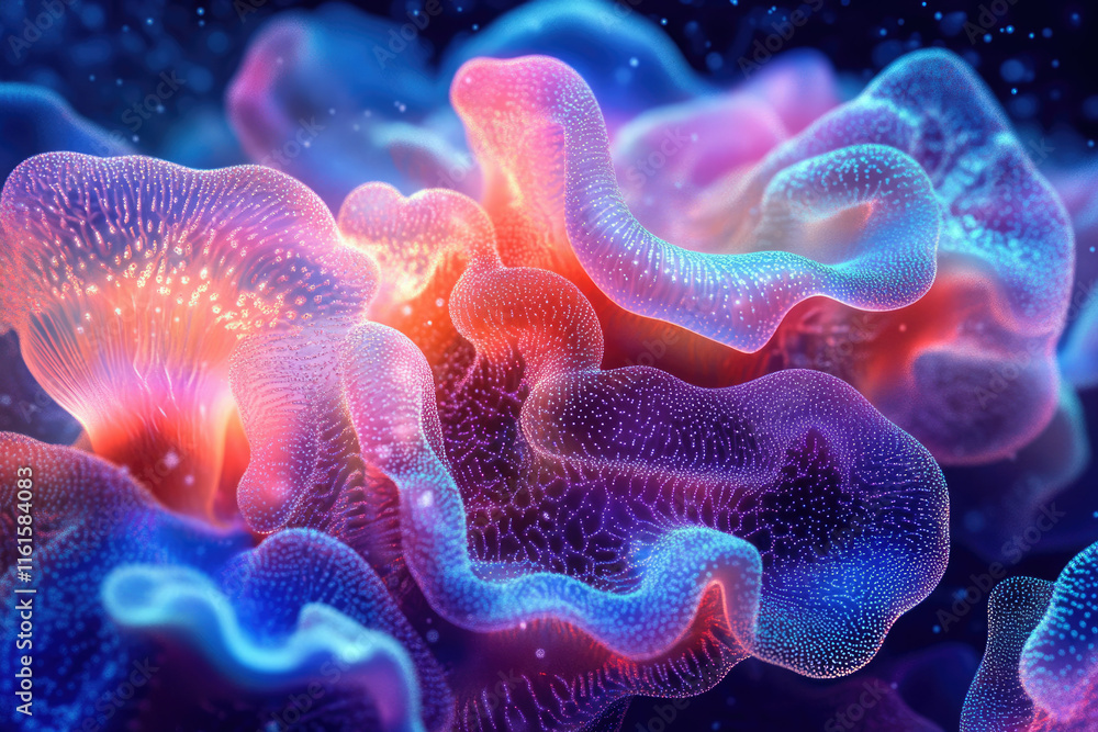 Naklejka premium Abstract artwork depicting bioluminescent coral, vibrant colors and intricate details.