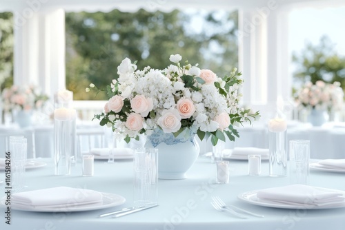 A wedding reception dinner set. Generative AI