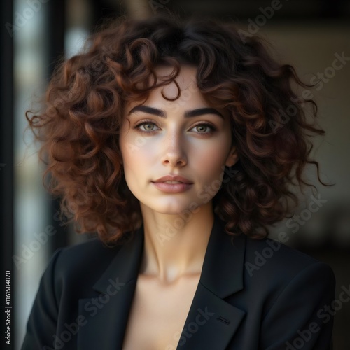 Una mujer con cabello rizado y voluminoso, vestida con un elegante traje negro, proyecta confianza y profesionalismo en un entorno moderno y sofisticado
 photo