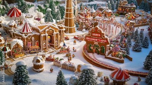 Whimsical gingerbread village scene with miniature buildings, train, and snow.