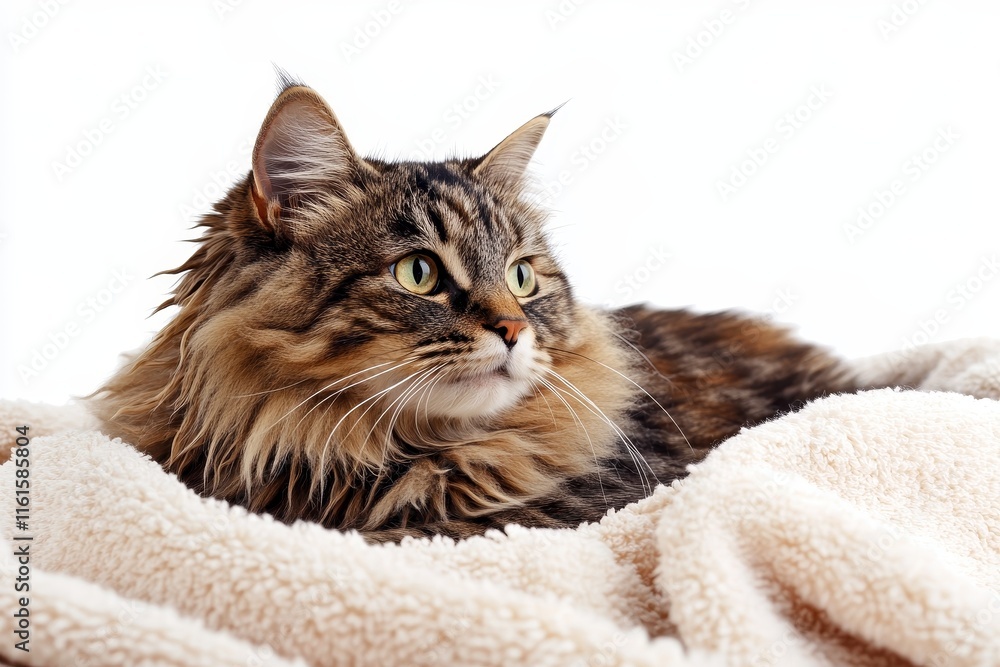 Fototapeta premium A sweet, wet gray tabby kitten with blue eyes looks amusingly happy after a bath, wrapped in a pink towel. Pets and lifestyle concept. Charming fluffy cat with a towel around its head, photographed