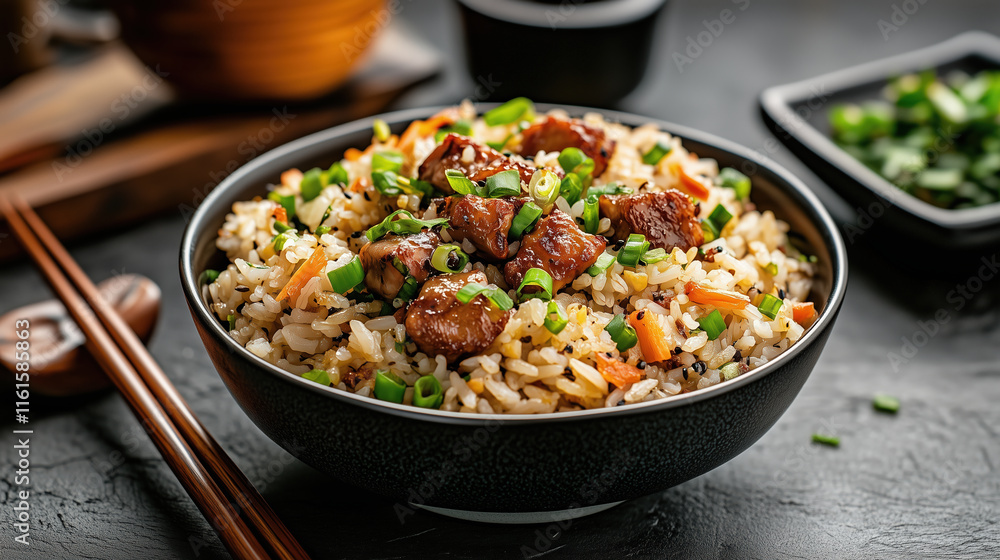 Delicious fried rice with vegetables and meat, garnished with green onions Delicious fried rice with vegetables and meat, garnished with green onions