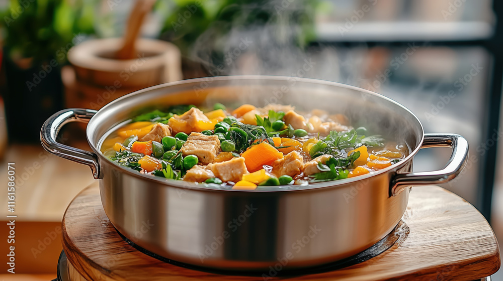 steaming pot of vegetable soup with chicken and greens steaming pot of vegetable soup with chicken and greens