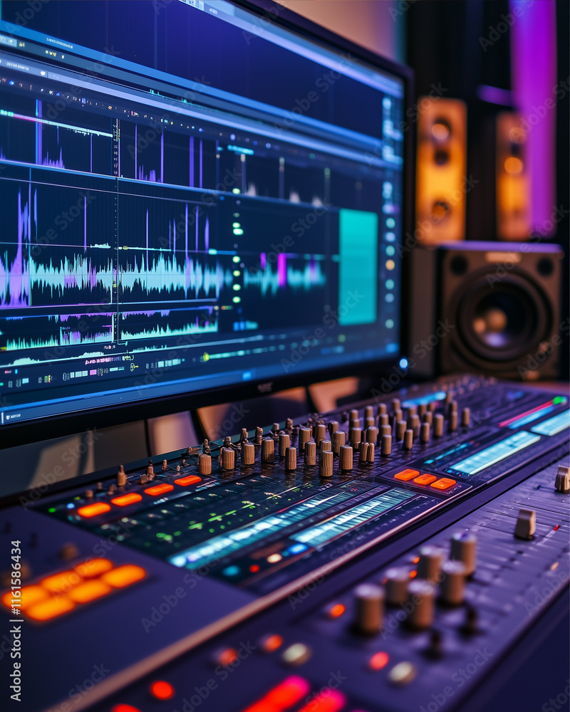 Modern Music Record Studio, Music production session in a modern studio with audio equipment and software for creative sound design Modern Music Record Studio, Music production session in a modern studio with audio equipment and software for creative sound design