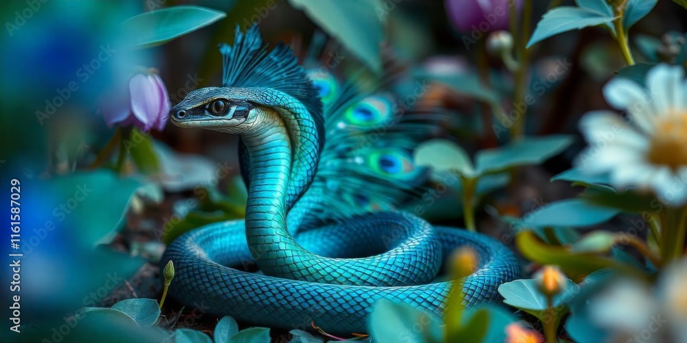 Fototapeta premium Colorful snake with peacock feathers in a vibrant garden landscape during daylight hours