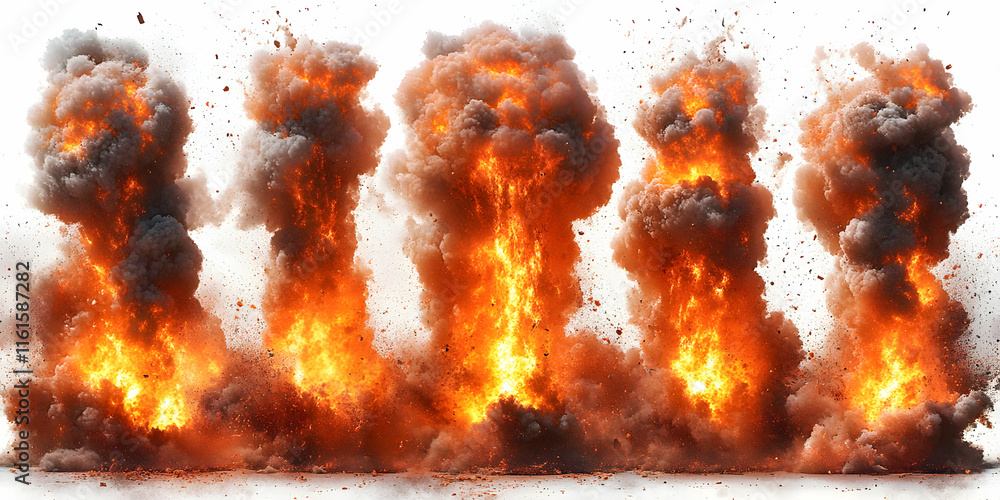 Fiery Explosions Photographic Image: Dynamic Columns of Fire and Smoke on White Background Fiery Explosions Photographic Image: Dynamic Columns of Fire and Smoke on White Background