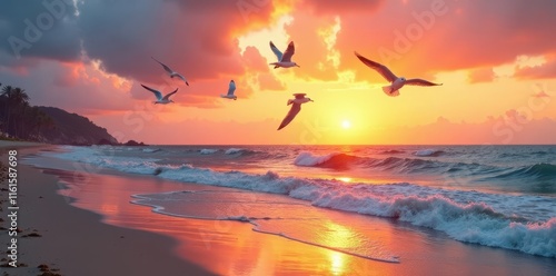 Group of seagulls flying over beach at sunset, ocean, freedom, beach