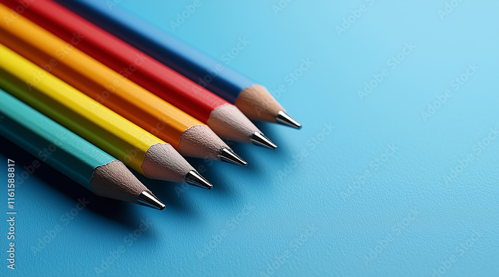 Multicolored stationery, yellow, green, red, blue, on a bright blue background Multicolored stationery, yellow, green, red, blue, on a bright blue background