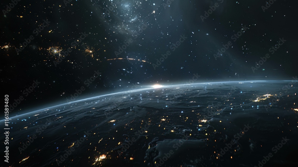 Obraz premium Marvel at Earths beauty from space, surrounded by dazzling stars in a vast cosmic backdrop, inviting exploration.