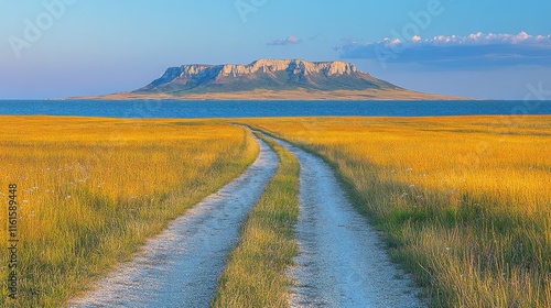Scenic Pathway Leading to a Majestic Island Surrounded by Calm Waters and Golden Grasslands Under a Clear Blue Sky