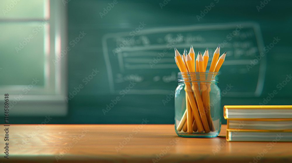 Bright classroom with books on a desk, a jar of pencils, and chalk art on the blackboard, inviting learning and creativity. Bright classroom with books on a desk, a jar of pencils, and chalk art on the blackboard, inviting learning and creativity.