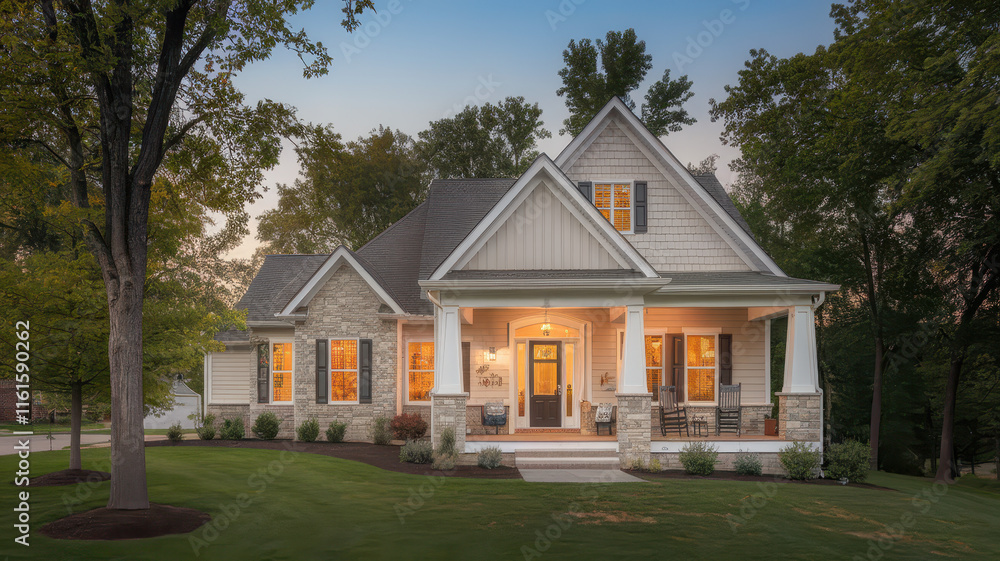 Charming suburban home with a welcoming porch, featuring evening lights reflecting warm hues, surrounded by lush greenery. Charming suburban home with a welcoming porch, featuring evening lights reflecting warm hues, surrounded by lush greenery.