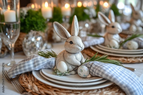 Decorative spring table setting featuring bunny figurines and Easter eggs in a cozy dining environment photo