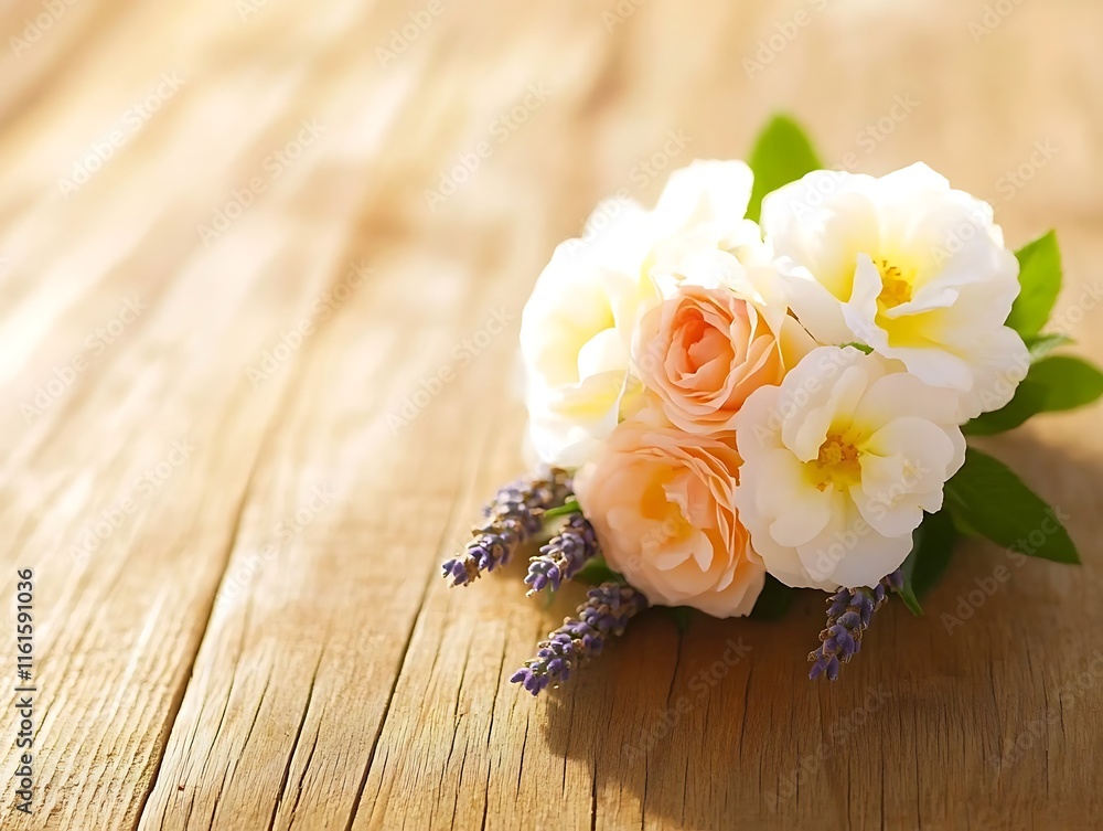 A delicate bouquet of pastel flowers on a wooden surface. A delicate bouquet of pastel flowers on a wooden surface.