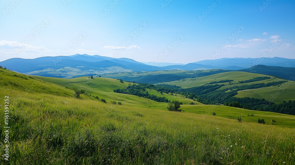 Vast green hills under bright blue sky, natural beauty and serenity Vast green hills under bright blue sky, natural beauty and serenity