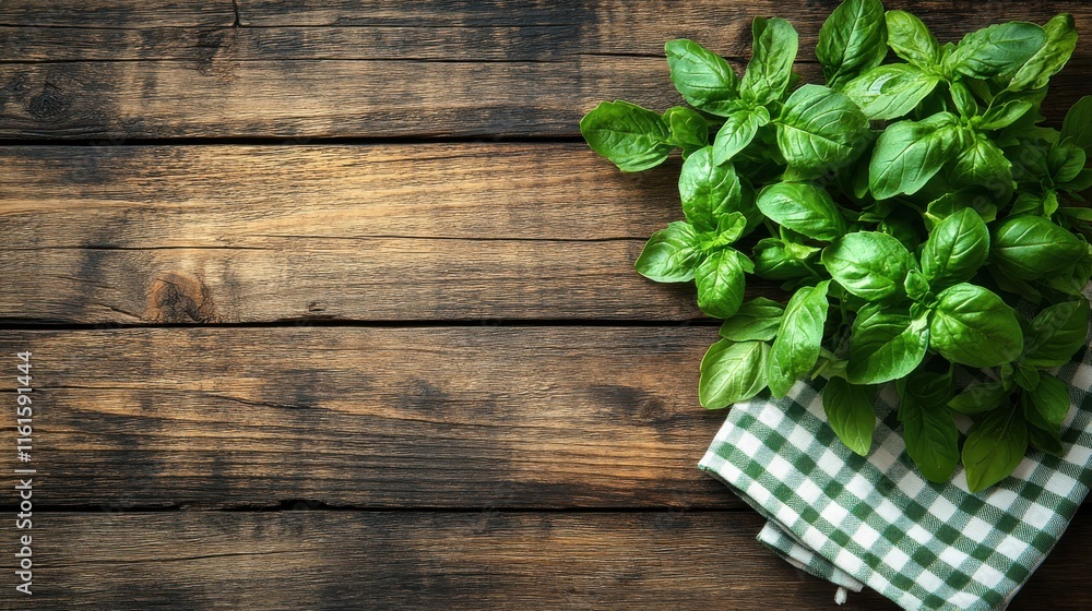Fresh Green Basil Leaves on Wooden Table with Checkered Napkin, Perfect for Culinary Creations, Food Photography or Organic Lifestyle Themes Fresh Green Basil Leaves on Wooden Table with Checkered Napkin, Perfect for Culinary Creations, Food Photography or Organic Lifestyle Themes