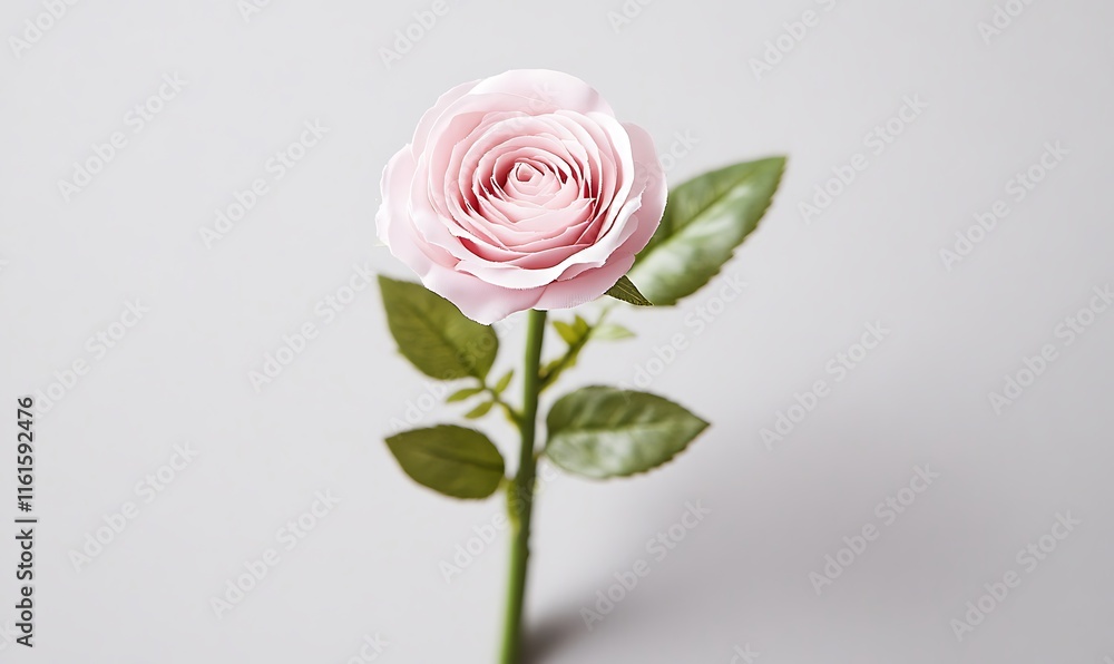 A delicate pink rose with green leaves against a neutral background. A delicate pink rose with green leaves against a neutral background.