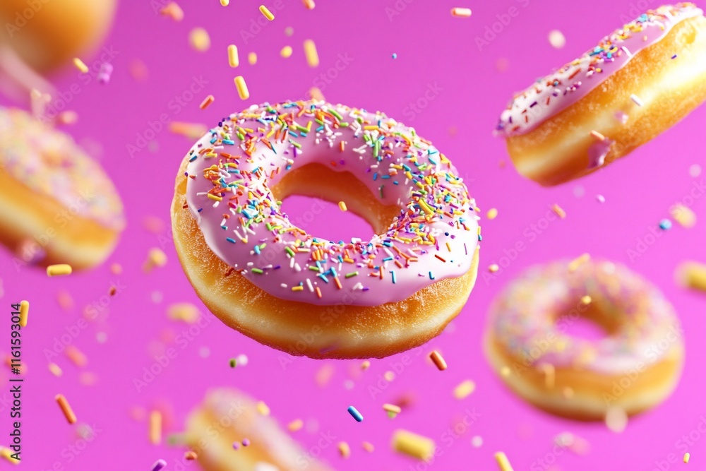 Colorful donuts with pink frosting and sprinkles against a vibrant background. Colorful donuts with pink frosting and sprinkles against a vibrant background.