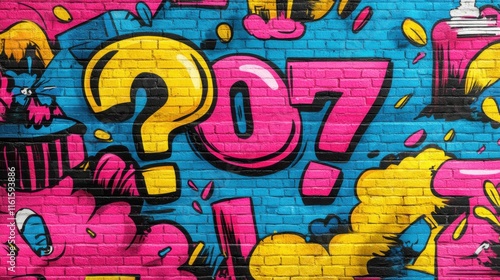 Vibrant and Colorful Graffiti Mural with Bright Question Marks and Comic Style Elements on Brick Wall, Perfect for Urban Art and Street Culture Themes