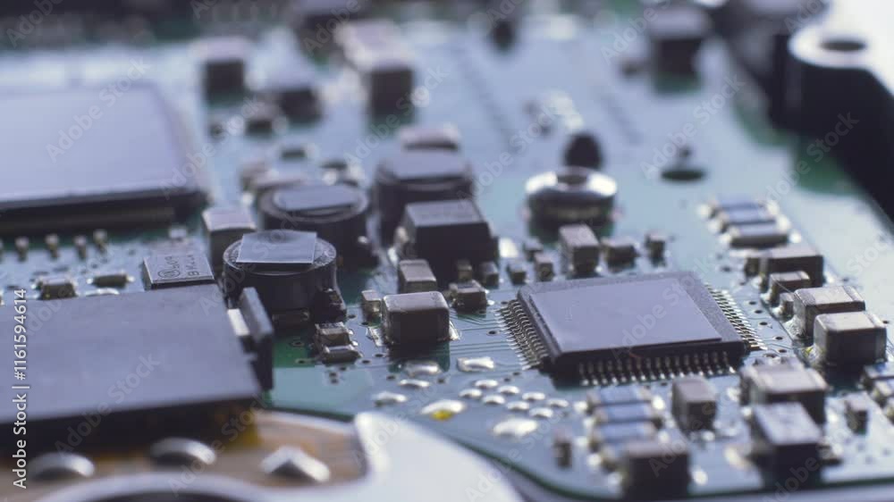 Electronic circuit board with chips and capacitors. Tech science background. Modern and high technology with computer programming and AI called artificial intelligence concept Electronic circuit board with chips and capacitors. Tech science background. Modern and high technology with computer programming and AI called artificial intelligence concept