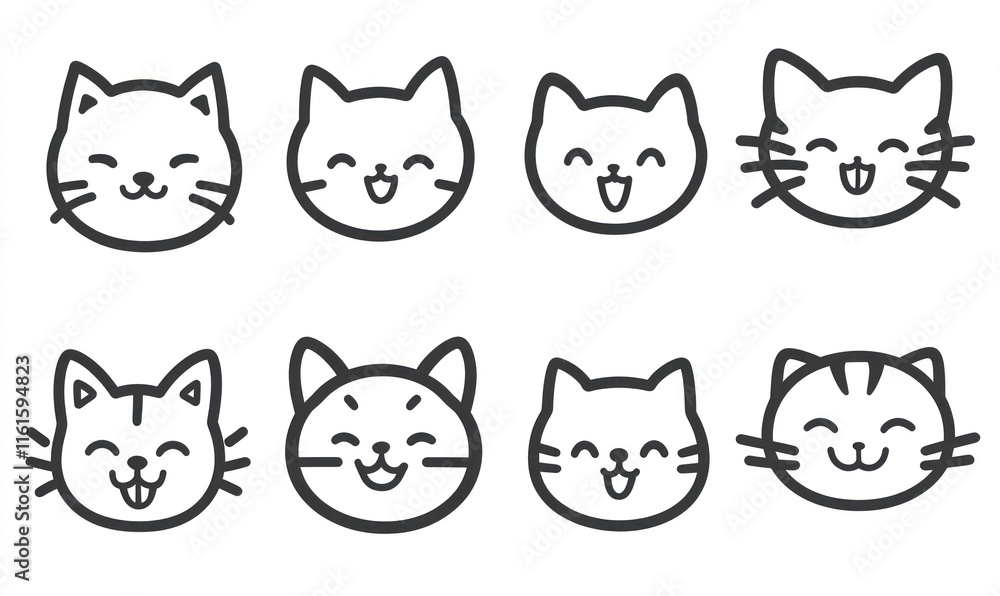 Eight cute cartoon cat faces, simple line art. Eight cute cartoon cat faces, simple line art.