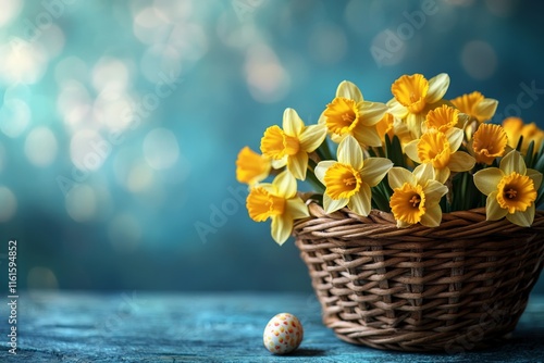Wallpaper Mural Bright daffodils in a basket with a decorative egg on a blue background during springtime Torontodigital.ca