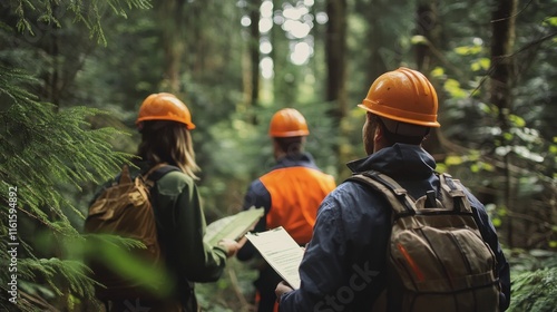 Wallpaper Mural Forest management team assessing trees for sustainable logging, detailed greenery around, Torontodigital.ca