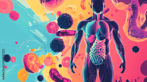 Fat storage and triglyceride breakdown, diet and nutrition focus, vibrant anatomy and metabolism illustration. Vesperal. Illustration photo