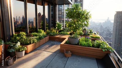 A vibrant rooftop garden showcasing a mix of plant boxes and pots, set against a panoramic city skyline beneath the bright sun, embodying urban nature harmony.
