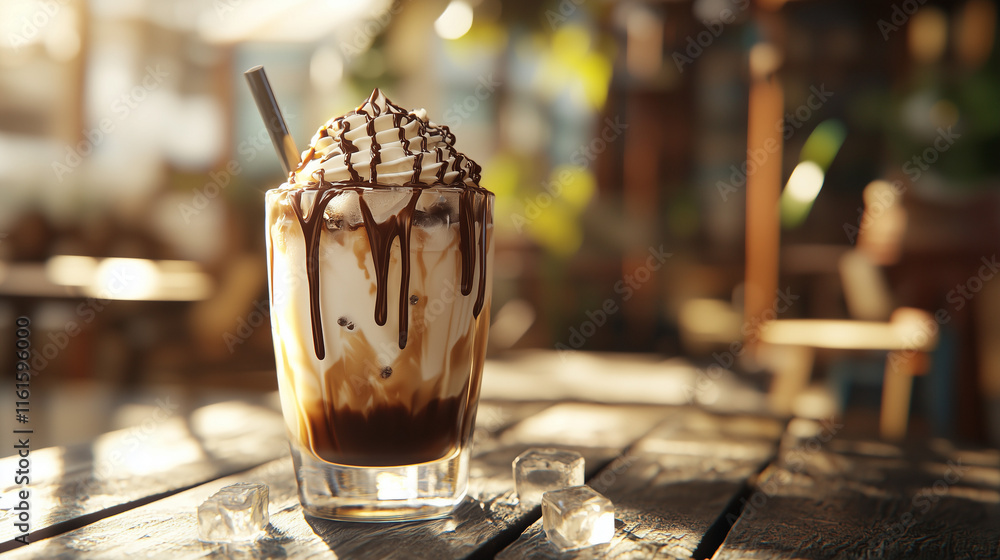 A refreshing glass of iced coffee topped with thick whipped cream, drizzled with chocolate syrup, and ice cubes, set on a bright patio with sunlight streaming through, evoking a relaxing summer vibe A refreshing glass of iced coffee topped with thick whipped cream, drizzled with chocolate syrup, and ice cubes, set on a bright patio with sunlight streaming through, evoking a relaxing summer vibe