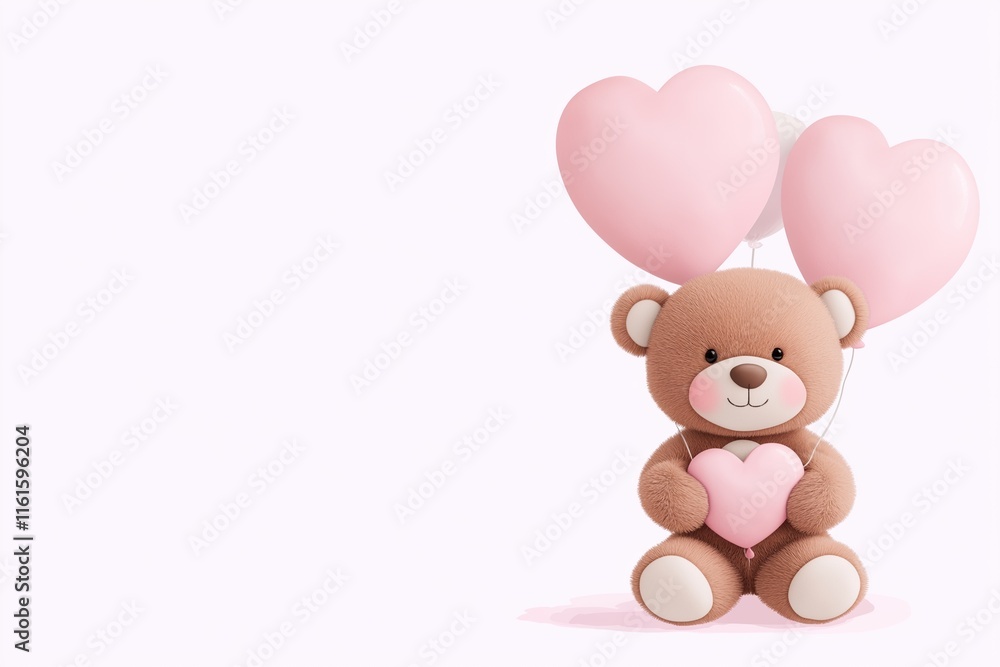 Obraz premium Adorable teddy bear holding pink heart balloons on a white background