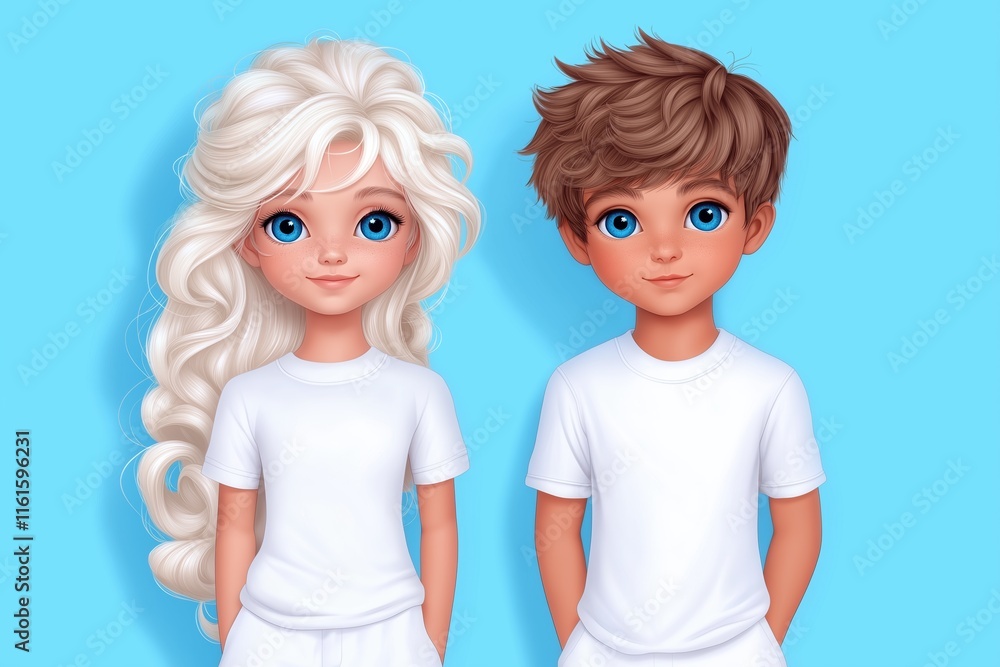 Cute cartoon kids with blue eyes and white t-shirts on blue background Cute cartoon kids with blue eyes and white t-shirts on blue background