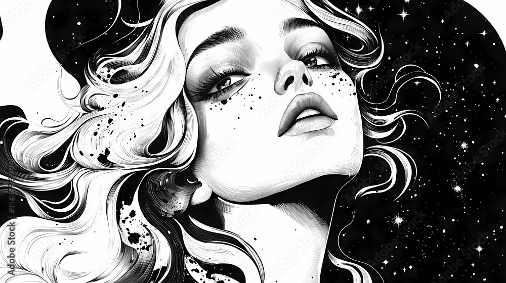 Intense monochrome portrait: a dramatic expression of feminine power. Vesperal. Illustration Intense monochrome portrait: a dramatic expression of feminine power. Vesperal. Illustration