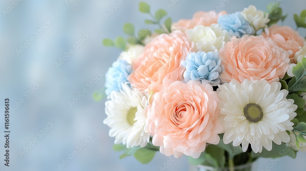 Elegant pastel floral bouquet with roses and daisies in soft light Elegant pastel floral bouquet with roses and daisies in soft light