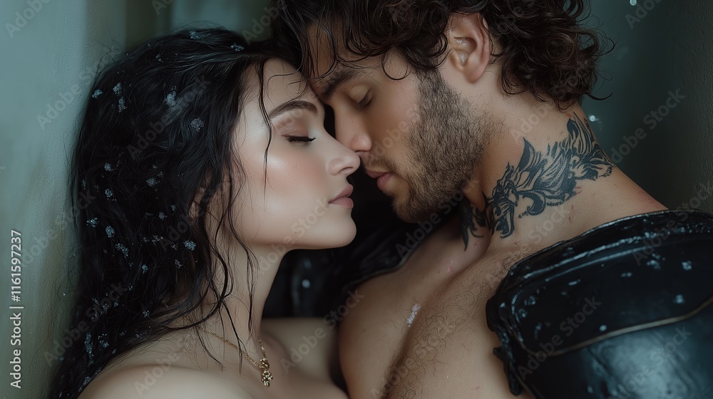 Fototapeta premium Intimate embrace of armor-clad couple in romantic connection