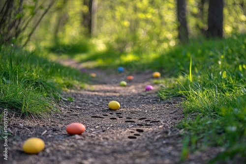 Colorful eggs scattered along a forest path during springtime inviting an Easter egg hunt experience in nature photo