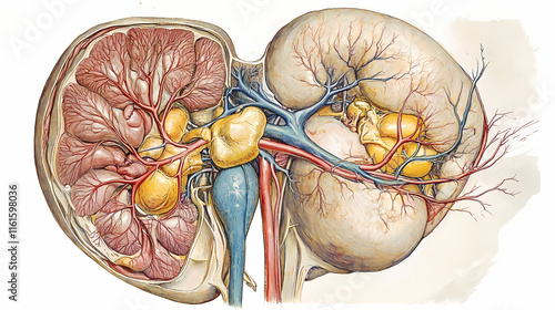 Anatomy of the spleen ( visceral surface). Vesperal. Illustration photo